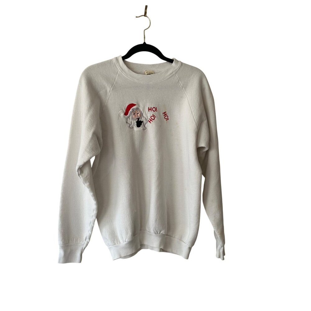 Vintage Santa Sweatshirt "Ho! Ho! Ho!" Ugly Christmas Sweater XL White  READ